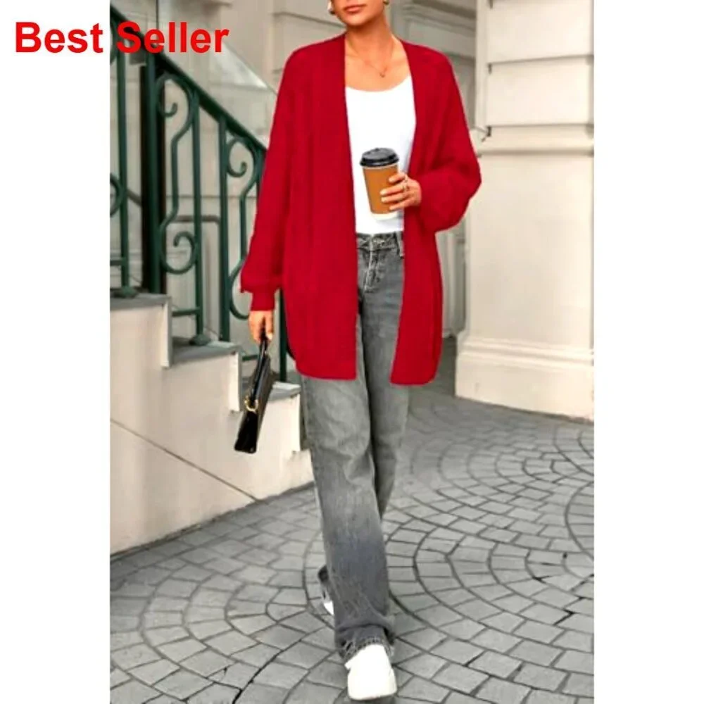 Cable Knit Open Front Chunky Cardigan Lantern Sleeve Oversized Sweater